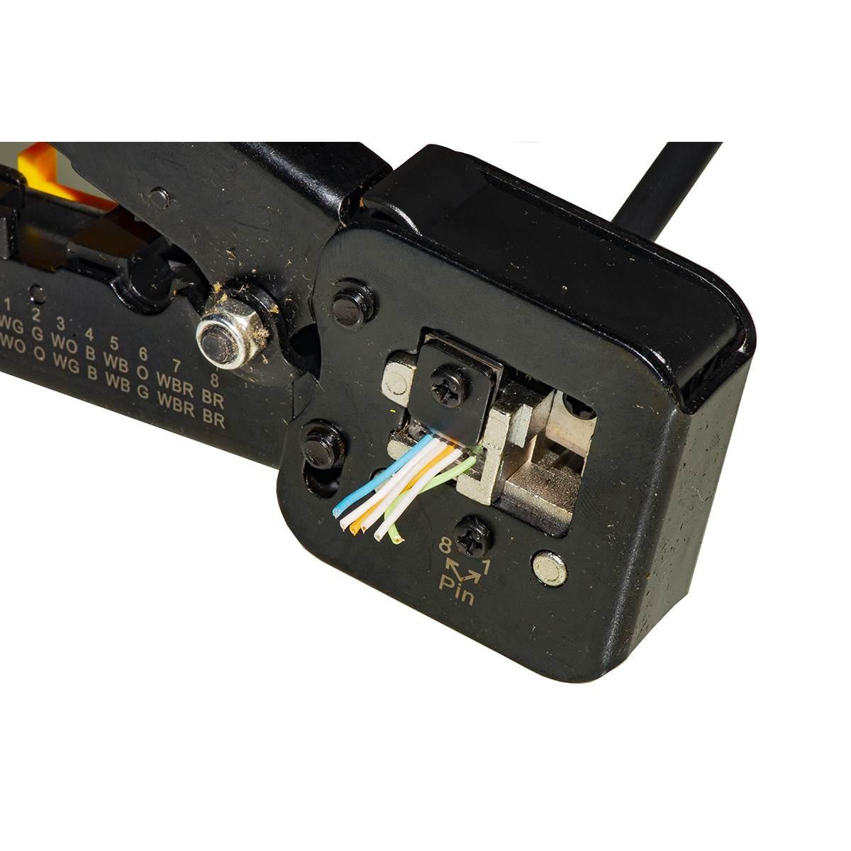 Pinza per connettori 6-8 poli con cavo passante con spelafili anteriore