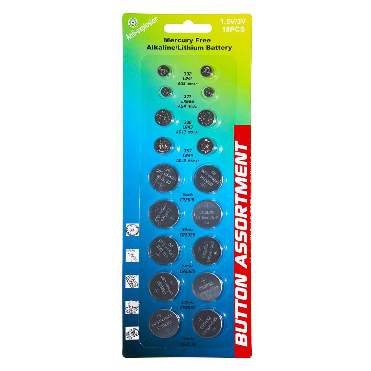 Assortimento 18 batterie a bottone assortite 2 lr41, 2 lr626, 2 lk43, 2 lr44, 4 cr2032, 4 cr2025, 2 cr2016