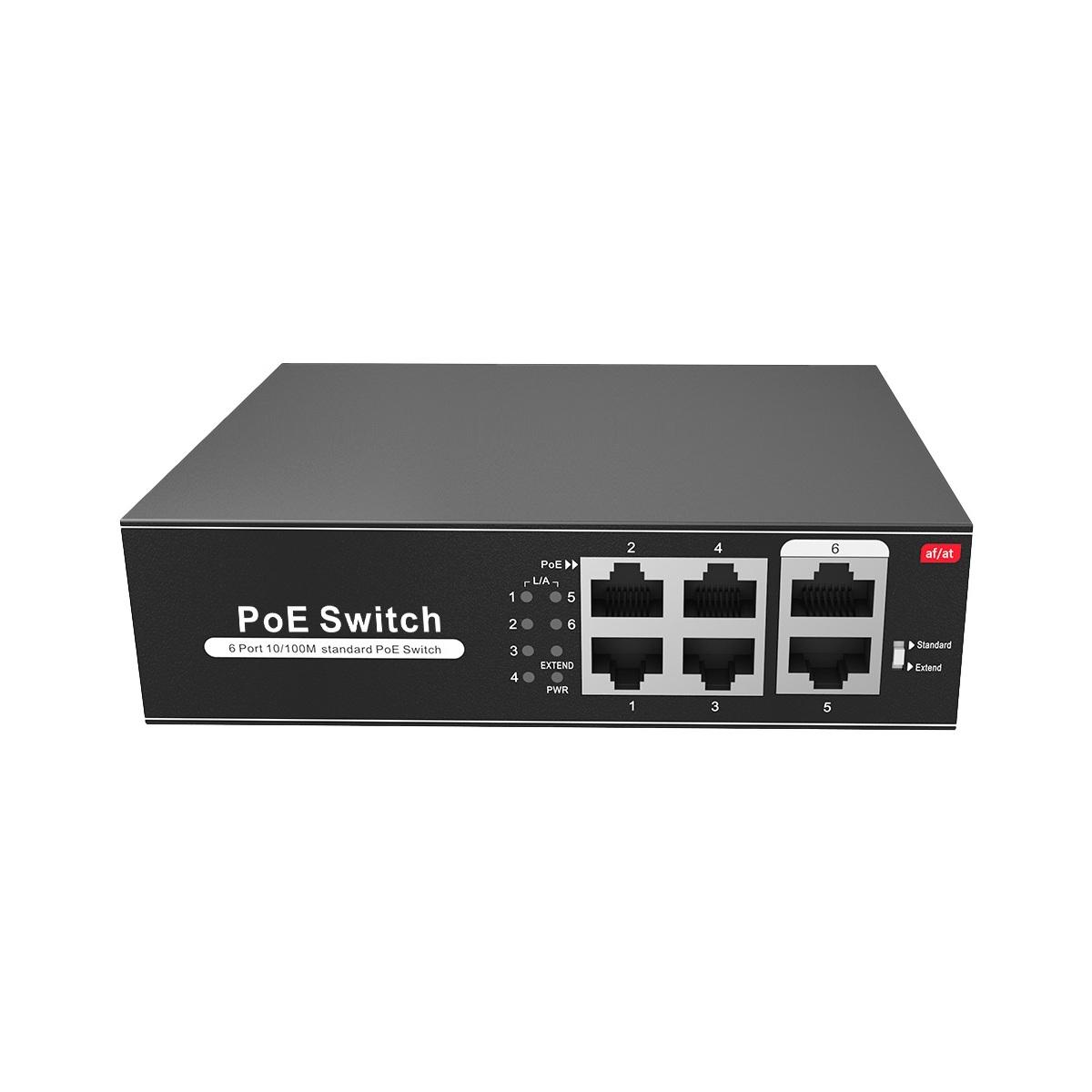 Switch poe, 4 porte poe + 2 uplink rj45, velocitÀ fino a 100 mbps su tutte le porte, fino 60w in totale per tutte le porte, larghezza di banda 1.2 gbps, standard eee802.3af (poe)