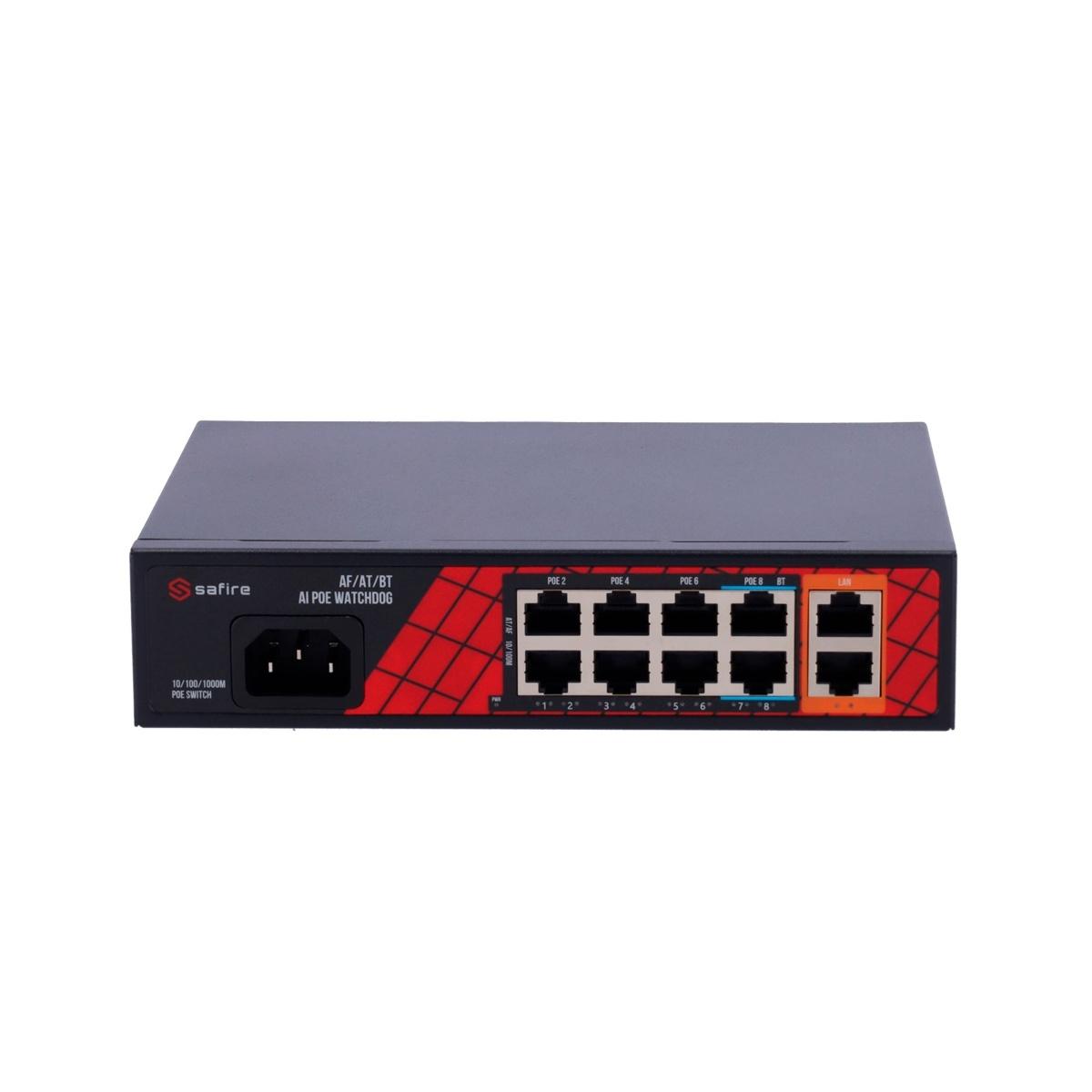 Safire switch hi-poe, 8 porte poe + 2 uplink rj45, ibrido 8x10/100mbps + 2x10/100/1000mbps, 6 porte poe+ 30w + 2 porte hi-poe 60w, poe watchdog, fino a 120w potenza poe totale
