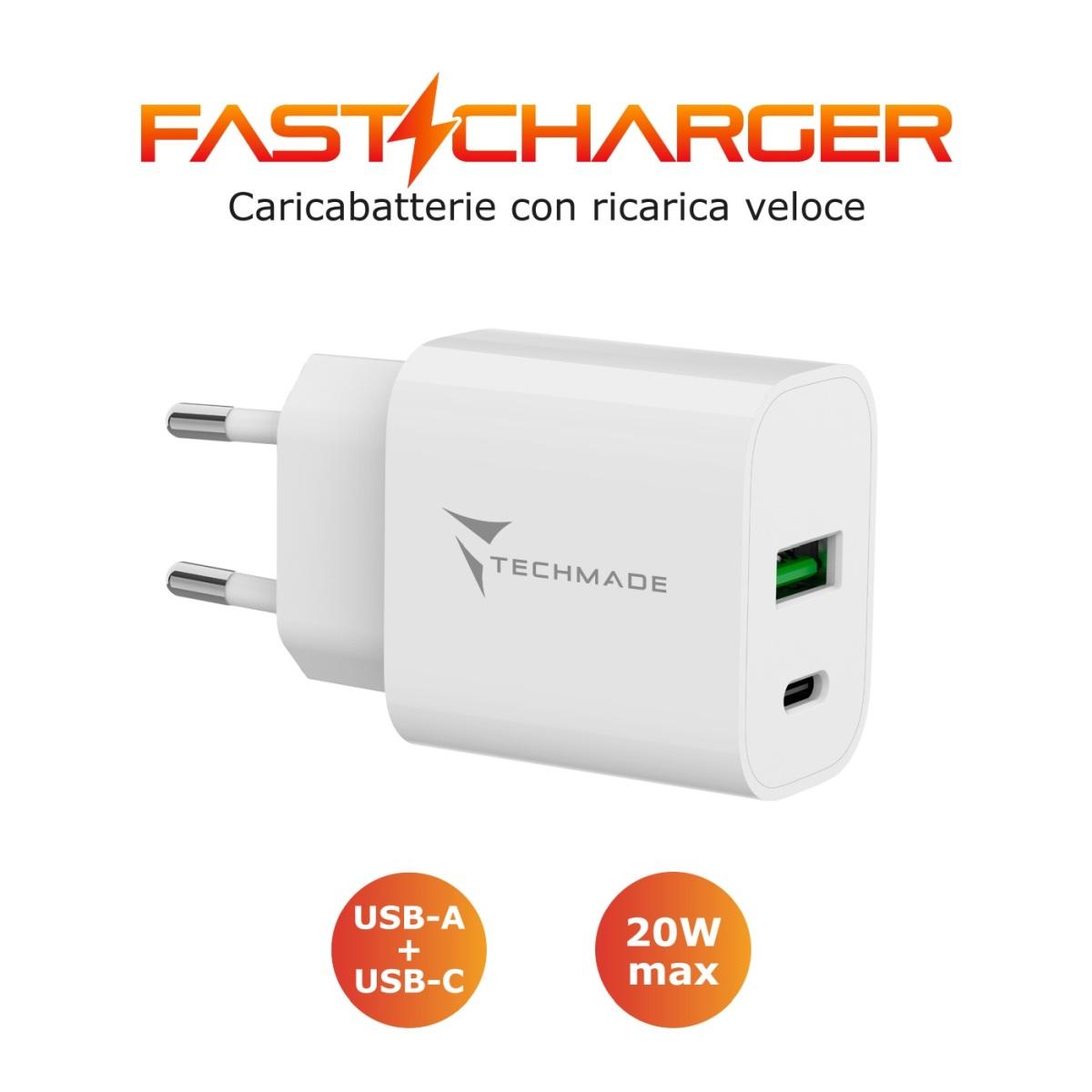 Techmade caricabatterie 20w 1 porta usb-c/usb-a , carica veloce