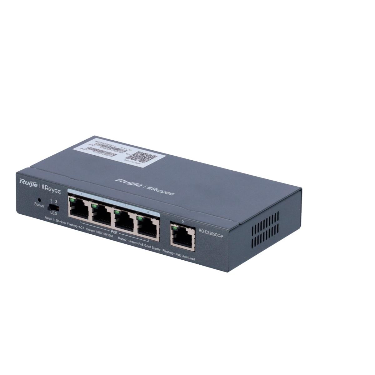 Reyee switch poe cloud managed 4 porte poe 802.3af/at + 1 uplink rj45, 4 rj45 10/100/1000mbps + 1 rj45 10/100/1000mbps, 30w per porta 802.3af/at / massimo 54w, vlan/port isolation/