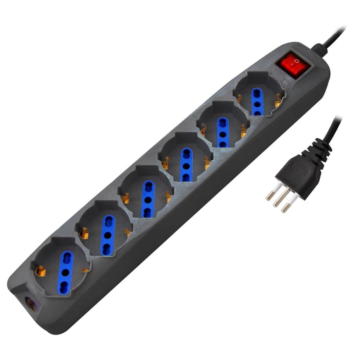 Multipresa 6 posti  bipasso/schuko, spina16a + interruttore, nera