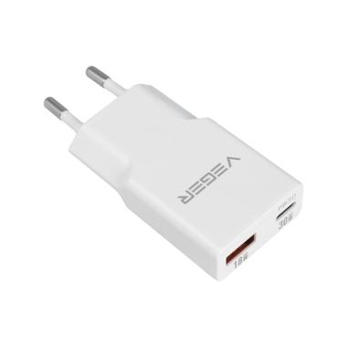 Caricabatteria usb qc3.0 / pd3.0, potenza 30w, carica 2 dispositivi contemporaneamente, uscite usb-a, usb-c, colore bianco