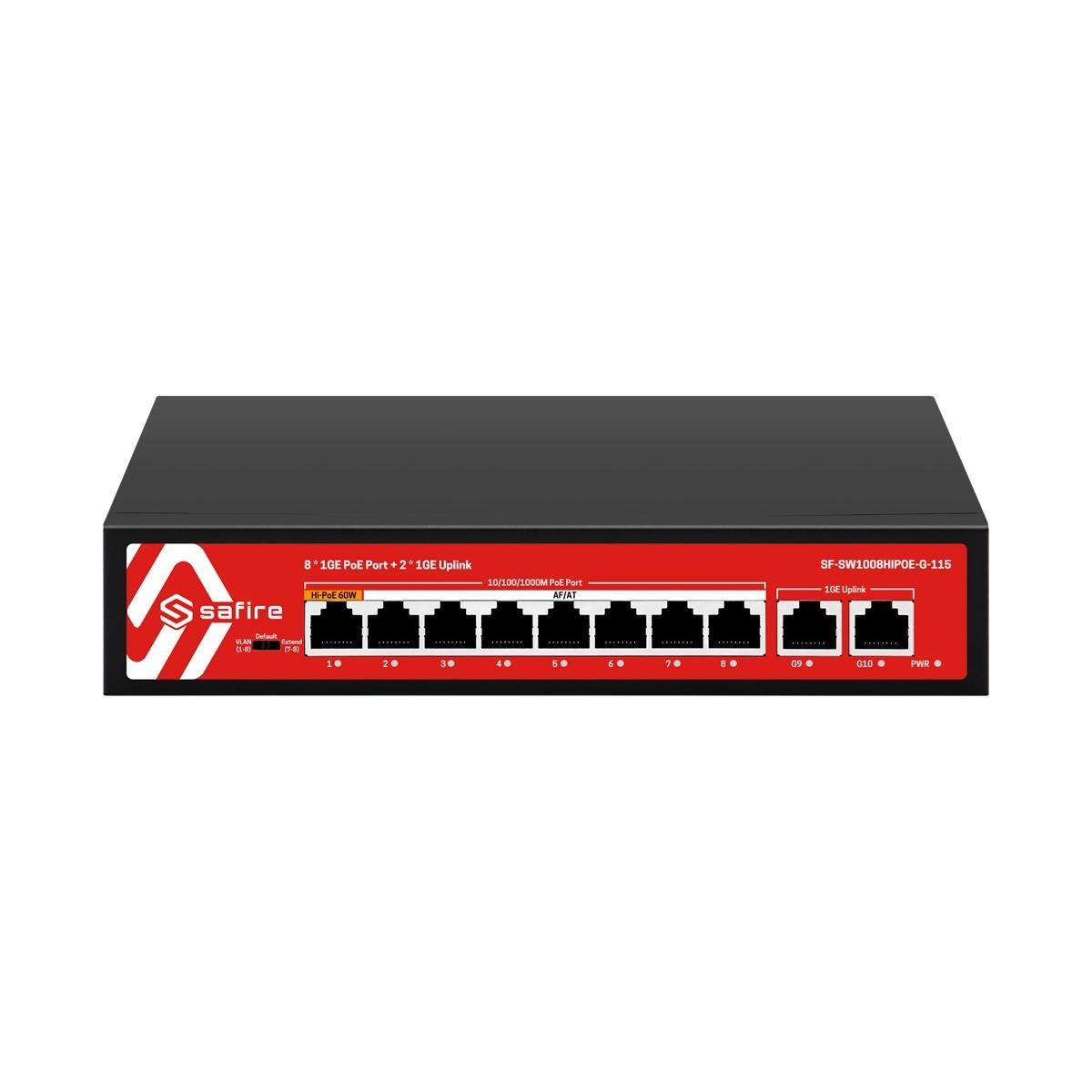 Safire switch hi-poe, 8 porte poe + 2 uplink rj45, 10x 10/100/1000mbps, 7 porte poe+ 30w + 1 porte hi-poe 60w, poe watchdog, fino a 115w potenza poe totale