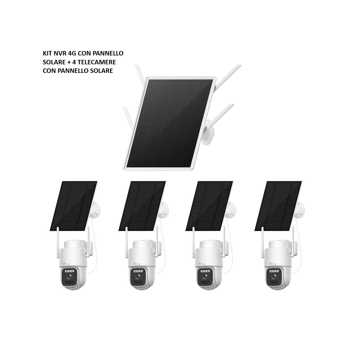 KIT NIVIAN 4G SOLAR DA 4 MP\n, NVR STANDALONE A 4 CANALI CON BATTERIA DA 30.000 MAH E PANNELLO DA 25 W, \nTELECAMERE PT MOTORIZZATE DA 4 MP CON BATTERIA DA 7.800 MAH, \nCONNETTIVITÀ 4