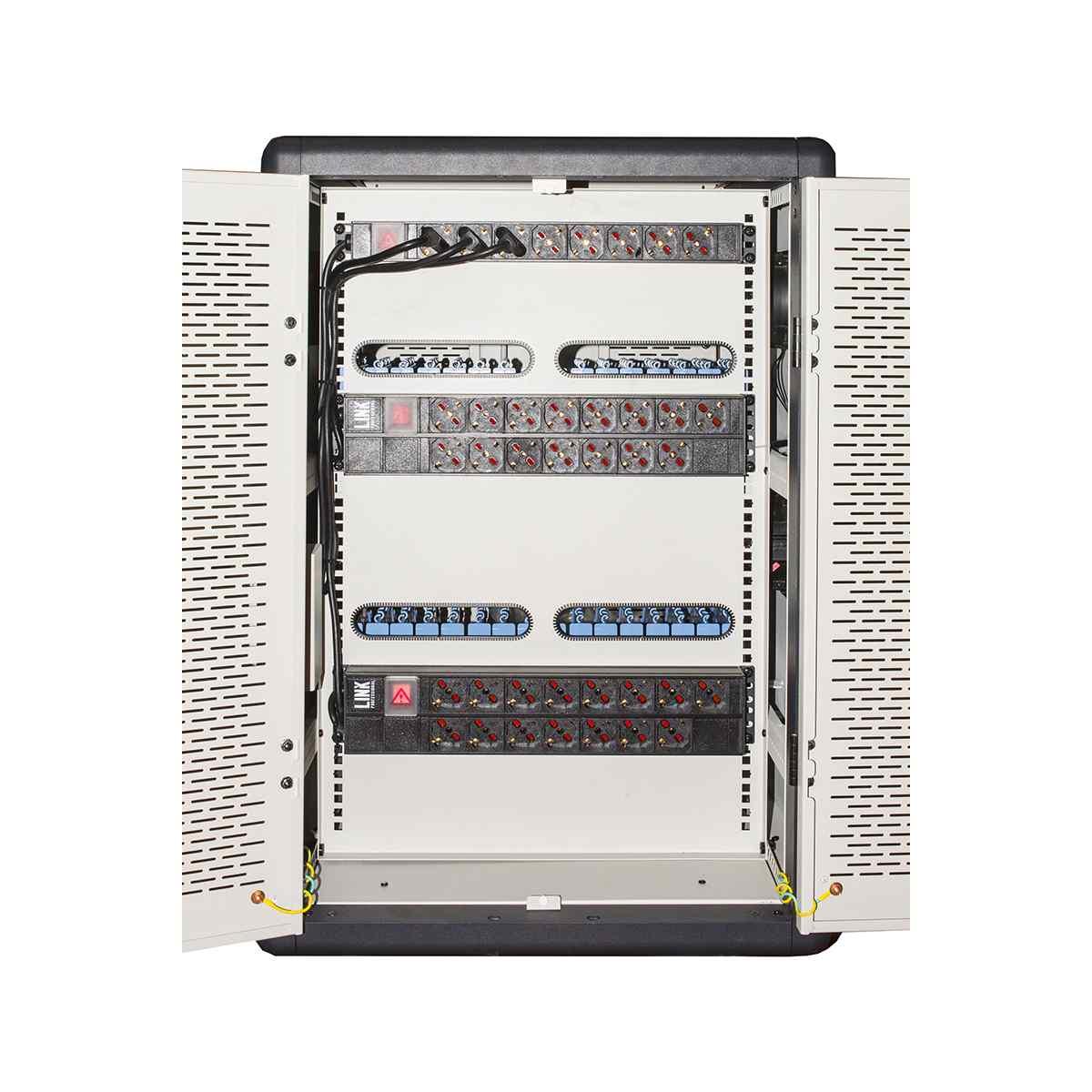 Armadio alloggiamento 30 tablet con ruote multiprese incluse ventole di raffreddamento porta in acciaio traforata colore grigio nero