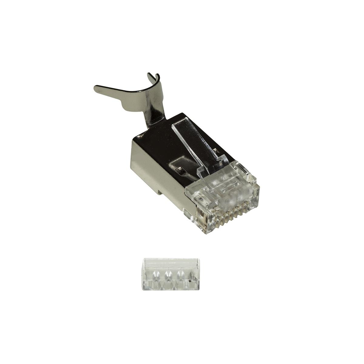 Confezione 10 plug schermati 8 poli rj45 per cavo fino a 1,5 mm2 cat 5e, 6 e 7 con inseritore per cavo solido o flessibile